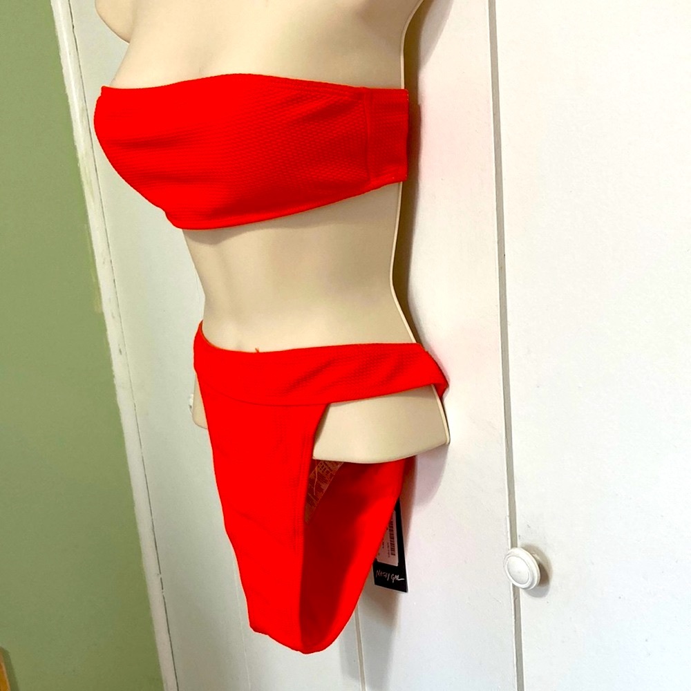 Nasty Gal Crinkle Bandeau Bikini Orange Top Size 6 Bottom 8 NWT! - Picture 2 of 16